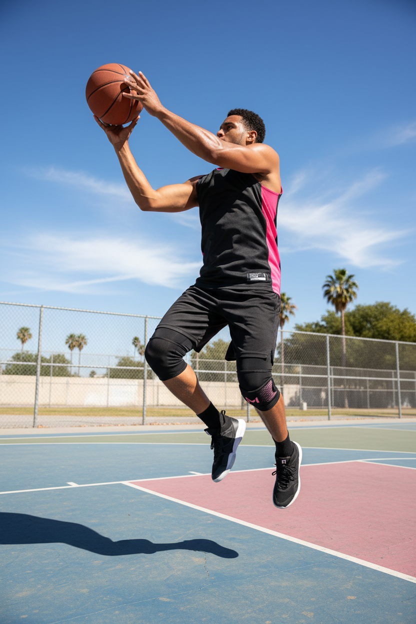 Basketbalista s růžovým patella bandem při akci
